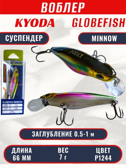 Воблер KYODA Globefish Minnow-66SP, длина 6,6 см, вес 7.0 гр цвет P1244, заглубление 0,5-1,0 м