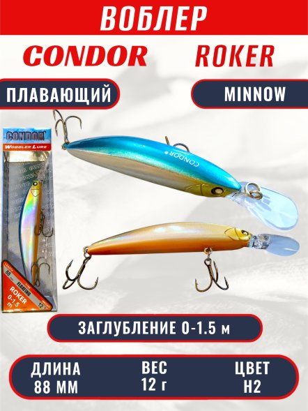 Воблер CONDOR Roker Minnow размер 88 мм, вес 12.0 гр, заглубление 0-1.5 m, цвет H2